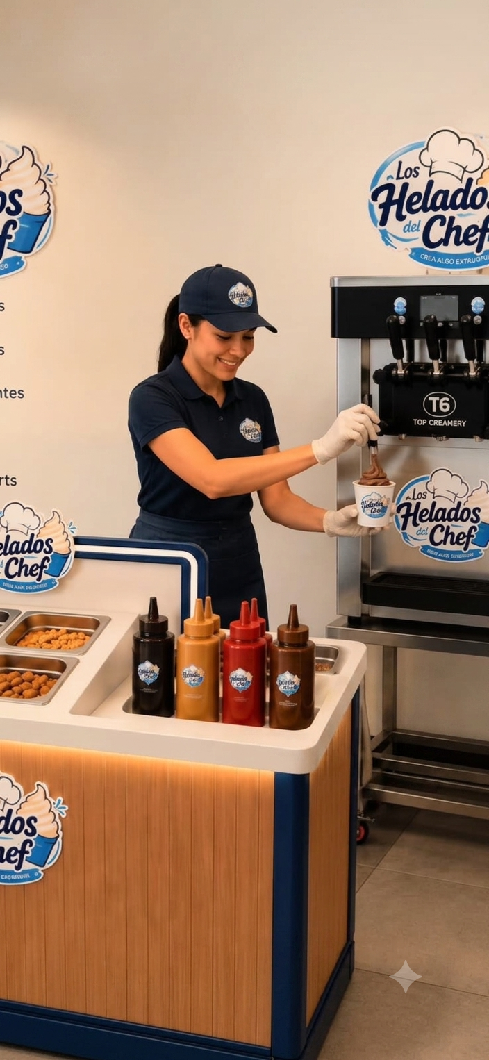 Operador sirviendo un helado suave con el kit de Los Helados del Chef